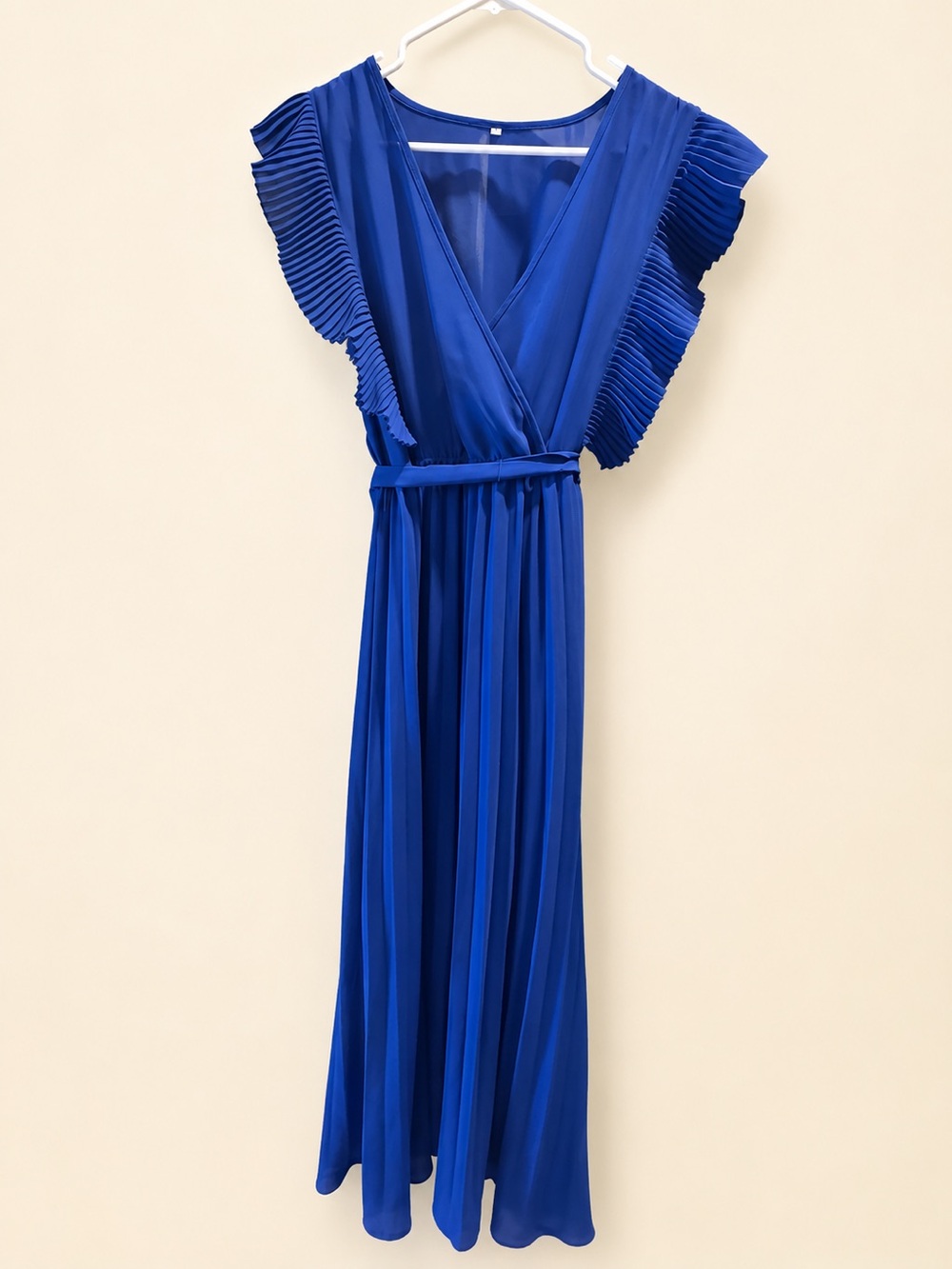 Elegant Royal Blue Pleated Maxi Dress with Flutter Sleeves